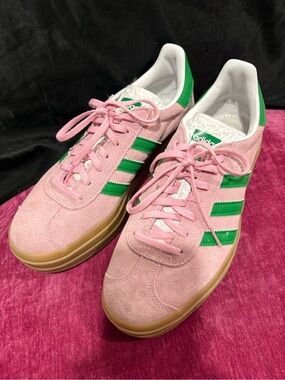 Adidas Gazelle Platform Pink Suede Sneakers with Green Stripes